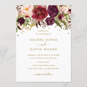 Floral Burgundy Gold Confetti Wedding Invitation