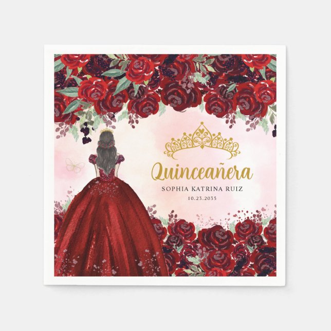 Floral Burgundy Gold Dress Princess Quinceanera Napkin (Front)