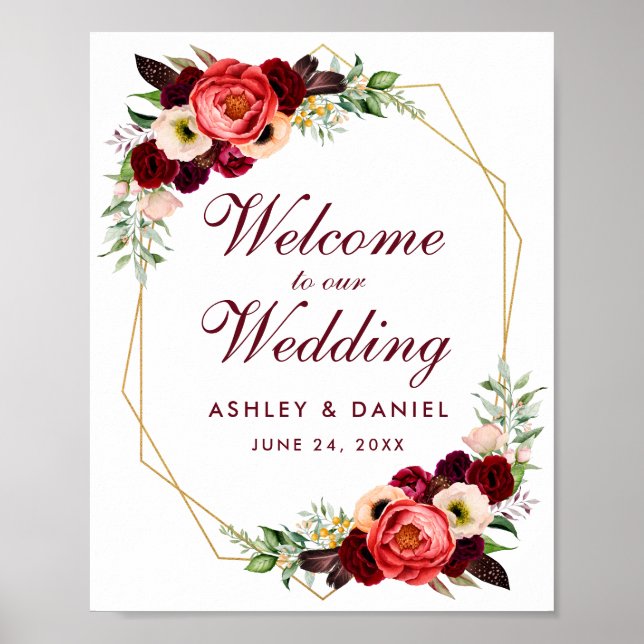 Floral Burgundy Gold Frame Boho Wedding Welcome Poster (Front)