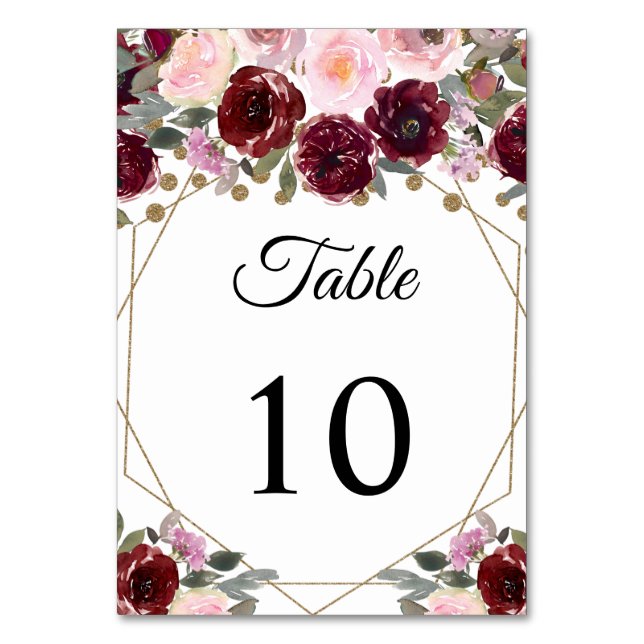 Floral Burgundy Gold Glitter Geometric Table Number (Front)