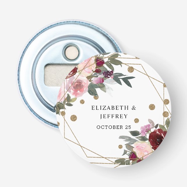 Floral Burgundy Gold Glitter Geometric Wedding  Bottle Opener (Front)