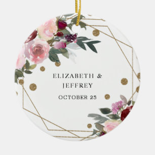 Floral Burgundy Gold Glitter Geometric Wedding Ceramic Ornament
