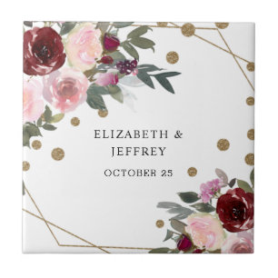 Floral Burgundy Gold Glitter Geometric Wedding Ceramic Tile