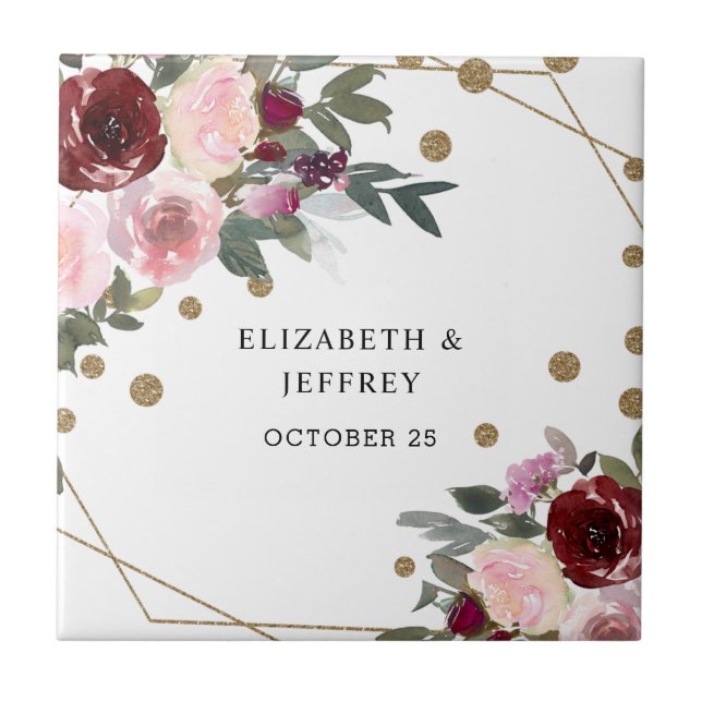 Floral Burgundy Gold Glitter Geometric Wedding   Ceramic Tile (Front)