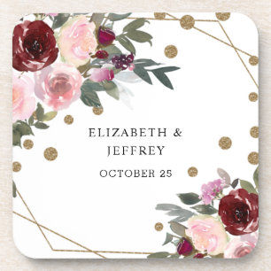 Floral Burgundy Gold Glitter Geometric Wedding Coaster