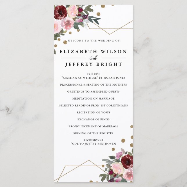 Floral Burgundy Gold Glitter Geometric Wedding Program (Front)