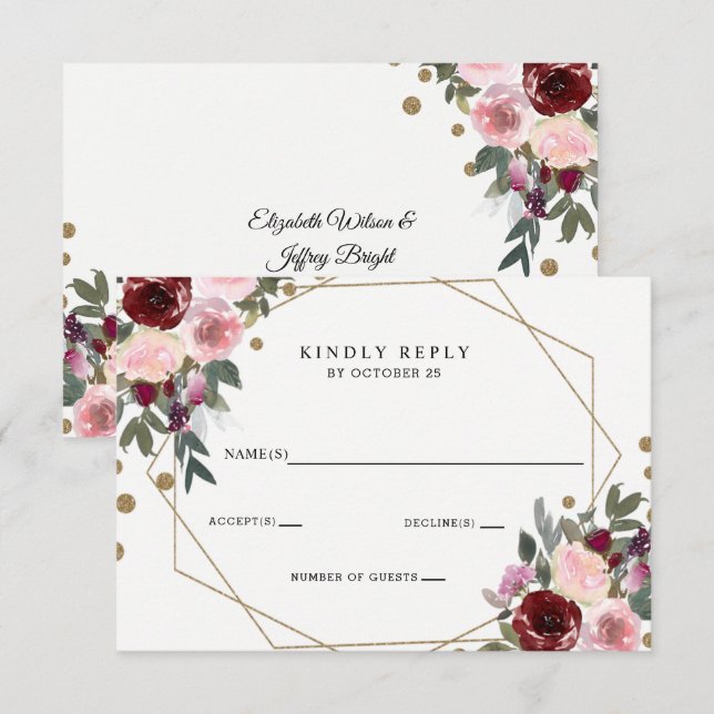 Floral Burgundy Gold Glitter Geometric Wedding RSVP Card (Front/Back)