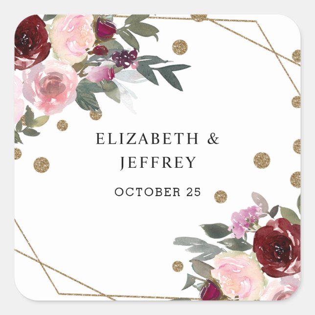 Floral Burgundy Gold Glitter Geometric Wedding Square Sticker (Front)