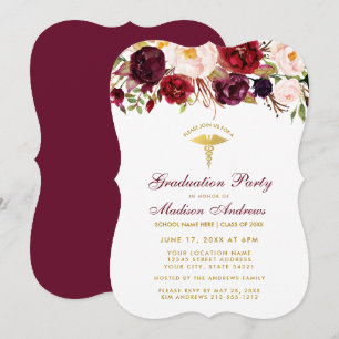 Floral Burgundy Gold Medical Grad Party Invite B
