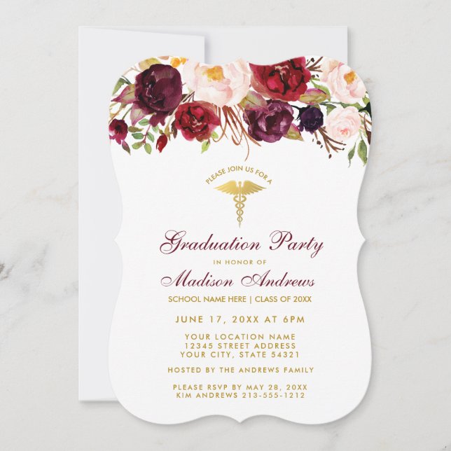 Floral Burgundy Gold Medical Grad Party Invite W (Front)