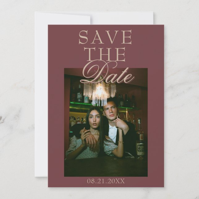 Floral Burgundy Gold Old Money Photo Wedding Save The Date (Front)