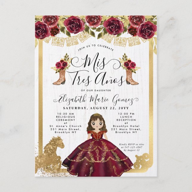Floral Burgundy Gold Princess Mis 3 Años Birthday Invitation Postcard (Front)