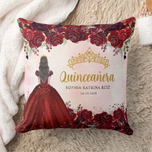 Floral Burgundy Gold Princess Tiara Quinceanera  Cushion