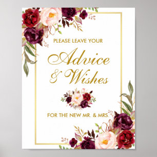 Floral Burgundy Gold Wedding Advice and Wishes Poster