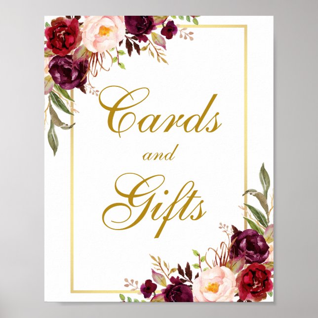 Floral Burgundy Gold Wedding Cards Gifts Poster (Front)
