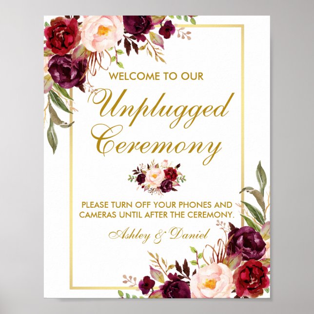 Floral Burgundy Gold Wedding Ceremony Unplugged Poster (Front)