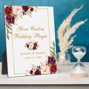 Floral Burgundy Gold Wedding Custom Table Plaque