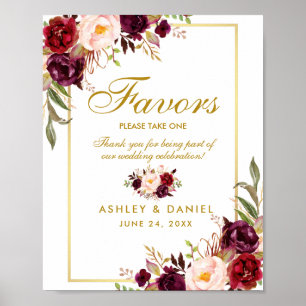 Floral Burgundy Gold Wedding Favours Poster