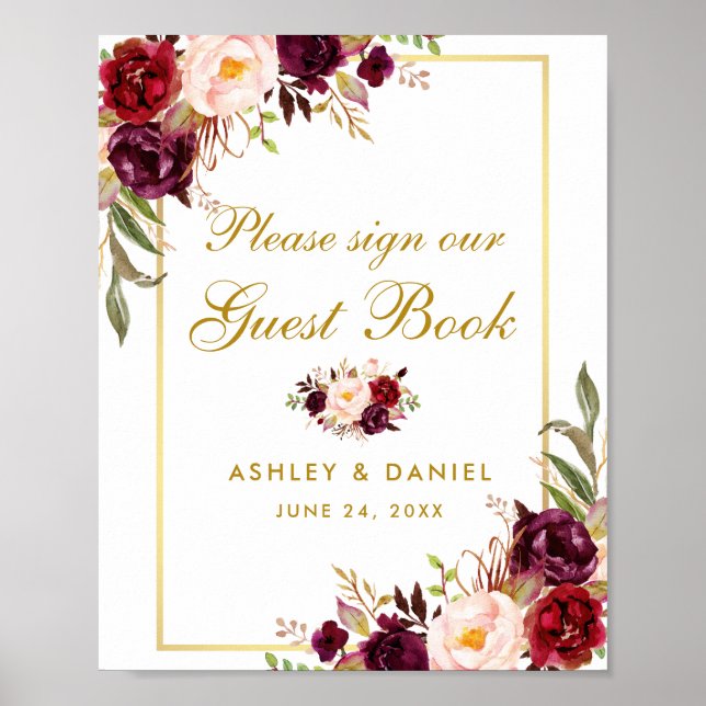 Floral Burgundy Gold Wedding Guest Book Poster (Front)