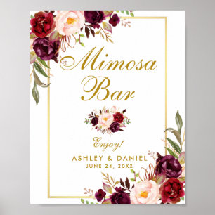 Floral Burgundy Gold Wedding Mimosa Bar Poster
