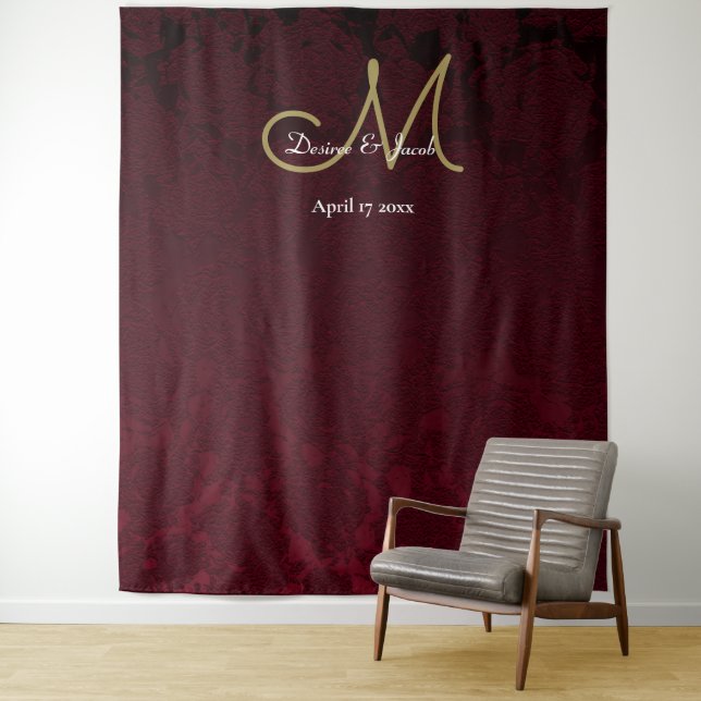 Floral Burgundy Gold Wedding Monogram Photo Booth Tapestry (In Situ)