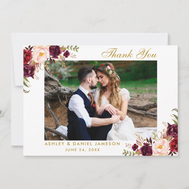 Floral Burgundy Gold Wedding Photo Thank You (Front)