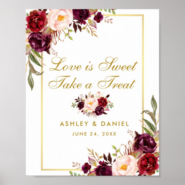 Floral Burgundy Gold Wedding Treat Poster (Front)