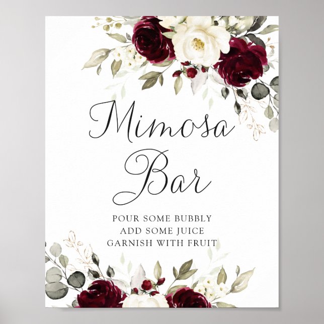 Floral Burgundy Greenery Wedding Mimosa Bar Sign (Front)
