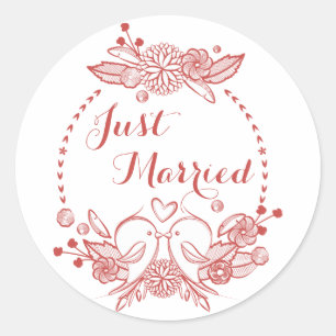 Floral Burgundy Just Married Red Lovebirds Wedding Classic Round Sticker