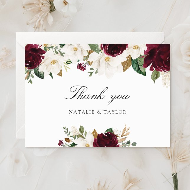 Floral Burgundy Magnolia Greenery Elegant Wedding Thank You Card (Creator Uploaded)