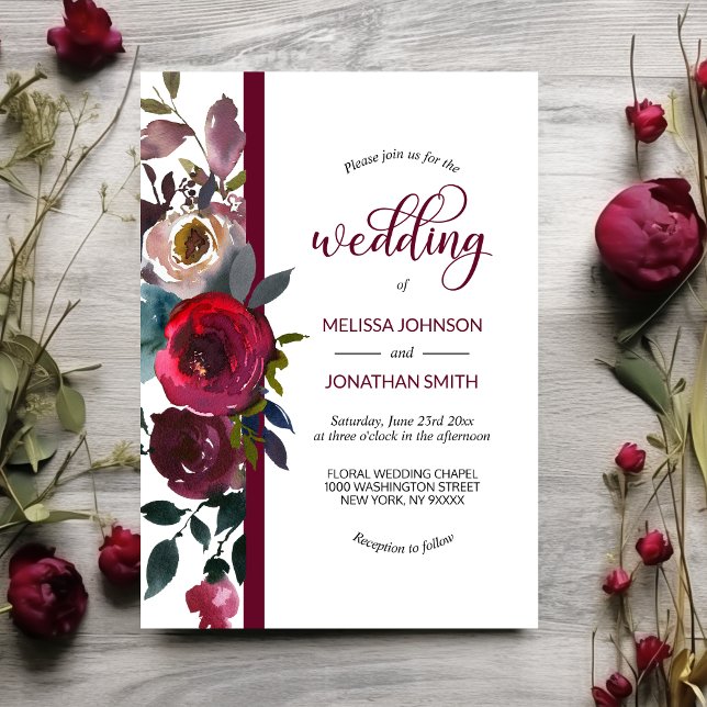 Floral Burgundy Marsala Merlot Wine Roses Wedding Invitation (Floral Burgundy Marsala Merlot Wine Roses Wedding Invitation)