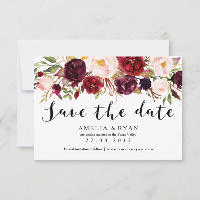 Floral Burgundy Marsala Save the Date Card (Front)