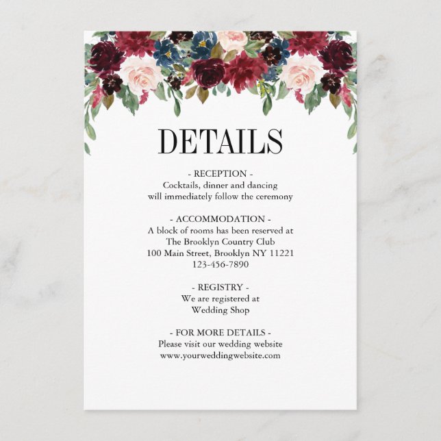 Floral Burgundy Navy Blue Classic Wedding Enclosure Card (Front)