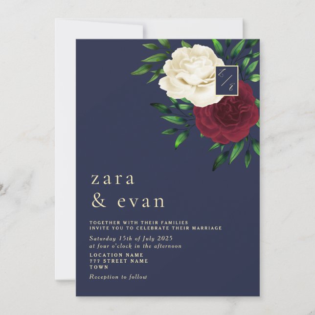 Floral Burgundy Navy Blue Wedding  Invitation (Front)