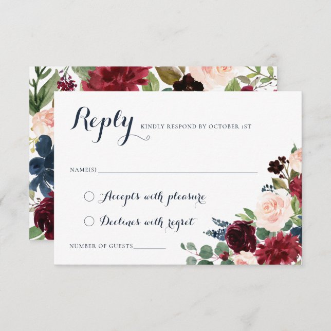 Floral Burgundy Navy Blush Crest Elegant RSVP Invitation (Front/Back)