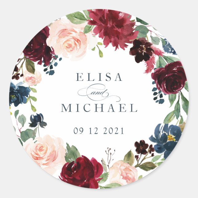 Floral Burgundy Navy Blush Personalised Classic Round Sticker (Front)