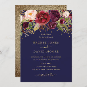 Floral Burgundy Navy Gold Confetti Wedding Invite