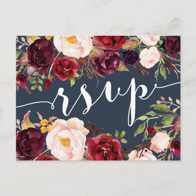 Floral Burgundy Navy Wedding RSVP Postcard (Front)