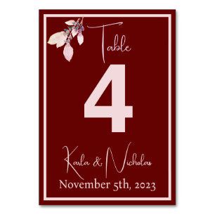 Floral Burgundy & Pastel Pink Wedding Table Number
