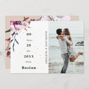 Floral Burgundy Photo Gold Blush Elegant Chic Save The Date