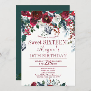 Floral burgundy pine green winter sweet sixteen invitation