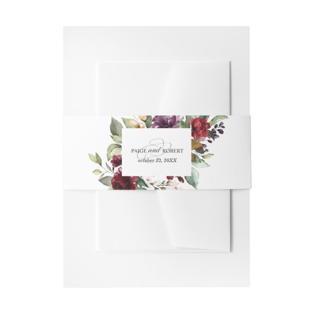 Floral Burgundy, Pink, and Eggplant Invitation Belly Band (Front Example)