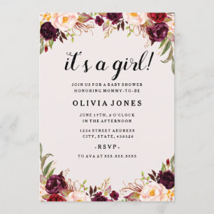 Floral Burgundy Pink Baby Shower Invitation