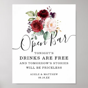 Floral Burgundy Pink Blush Bouquet Open Bar Sign