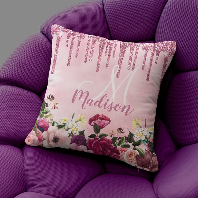 Floral Burgundy pink dripping glitter monogram Cushion (Creator Uploaded)