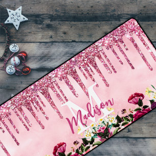 Floral Burgundy pink dripping glitter monogram Desk Mat