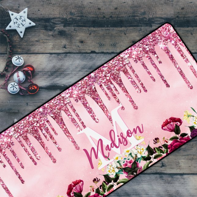 Floral Burgundy pink dripping glitter monogram Desk Mat (Creator Uploaded)