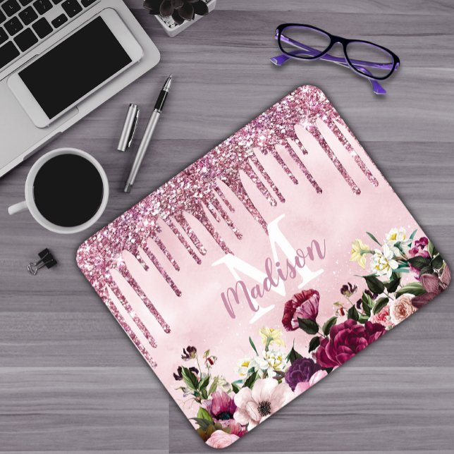 Floral Burgundy pink dripping glitter monogram Mouse Pad (Creator Uploaded)