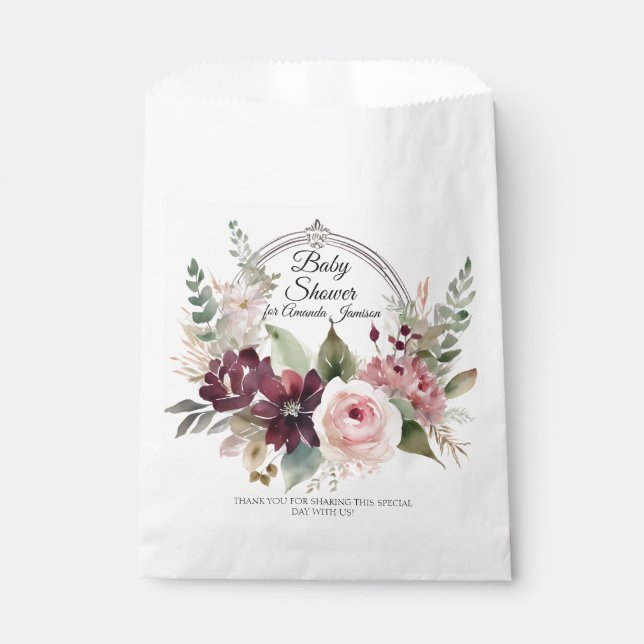 Floral Burgundy Pink Fall Baby Pink Girl Shower Favour Bag (Front)
