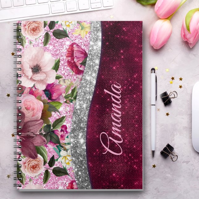 floral Burgundy pink silver faux glitter monogram Notebook (Creator Uploaded)